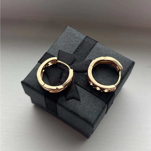 Rose Gold Plated CZ Huggie Hoop Earrings | Twisted Sparkling Minimalist Hoops - Picture 9 of 13